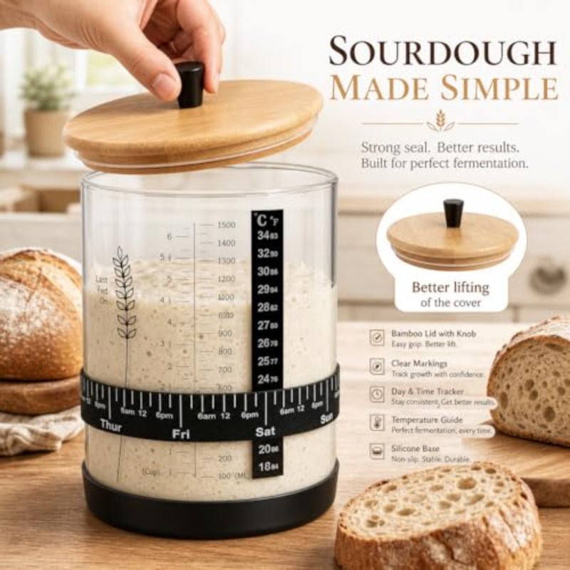 Sourdough Starter Jar, 50oz Wide-Mouth with Non-slip silicone rubber Bottom Sourdough Starter Kit, Date Marked Feeding Band, Thermometer, Cloth Cover Bamboo Lid - Image 2
