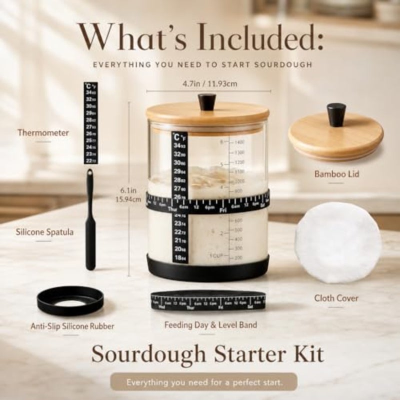 Sourdough Starter Jar, 50oz Wide-Mouth with Non-slip silicone rubber Bottom Sourdough Starter Kit, Date Marked Feeding Band, Thermometer, Cloth Cover Bamboo Lid - Image 3