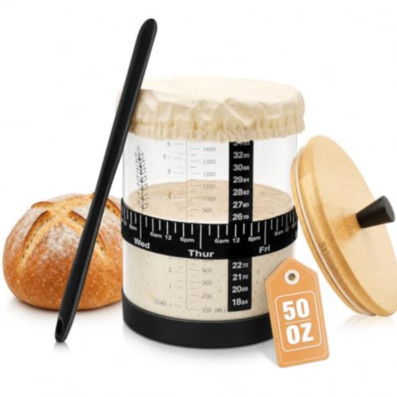 Sourdough Starter Jar, 50oz Wide-Mouth with Non-slip silicone rubber Bottom Sourdough Starter Kit, Date Marked Feeding Band, Thermometer, Cloth Cover Bamboo Lid - Image 1