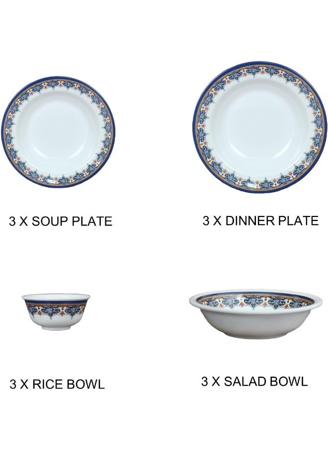 Melrich - Melrich Melamine 12 Pcs Dinner Set, Dishwasher Safe, 3 Dinner Plate, 3 Soup Plate, 3 Salad Bowl, 3 Rice Bowl, Strong and Durable, Long lasting (Mejastic Indigo) - Image 1