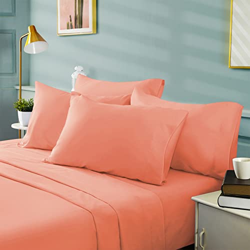 BYSURE 6 Pieces Bed Sheets Set(Queen, Coral) - Super Soft 1800 Thread Count 100% Microfiber Sheets with Deep Pockets, Wrinkle & Fade Resistant - Image 2