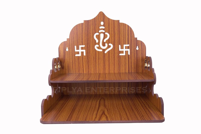 Generic Wooden Saathiya Ganesh Ji Bell Design Temple for Home Office Puja Mandir for Home Wall Mounted L1125 W1025 H1125 Inch Light Brown  - Image 1