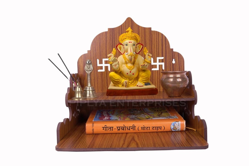 Generic Wooden Saathiya Ganesh Ji Bell Design Temple for Home Office Puja Mandir for Home Wall Mounted L1125 W1025 H1125 Inch Light Brown  - Image 2