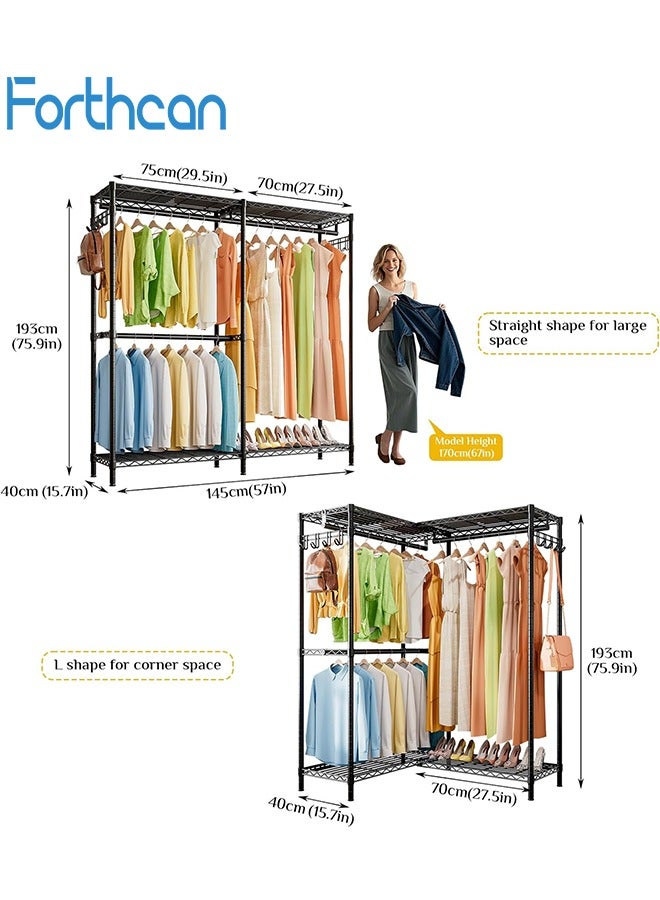 Forthcan Heavy-Duty Clothes Rack with 3 Rods and Adjustable Shelves, Freestanding Wardrobe for Bedroom, 145x40x193 cm, Black - Image 1