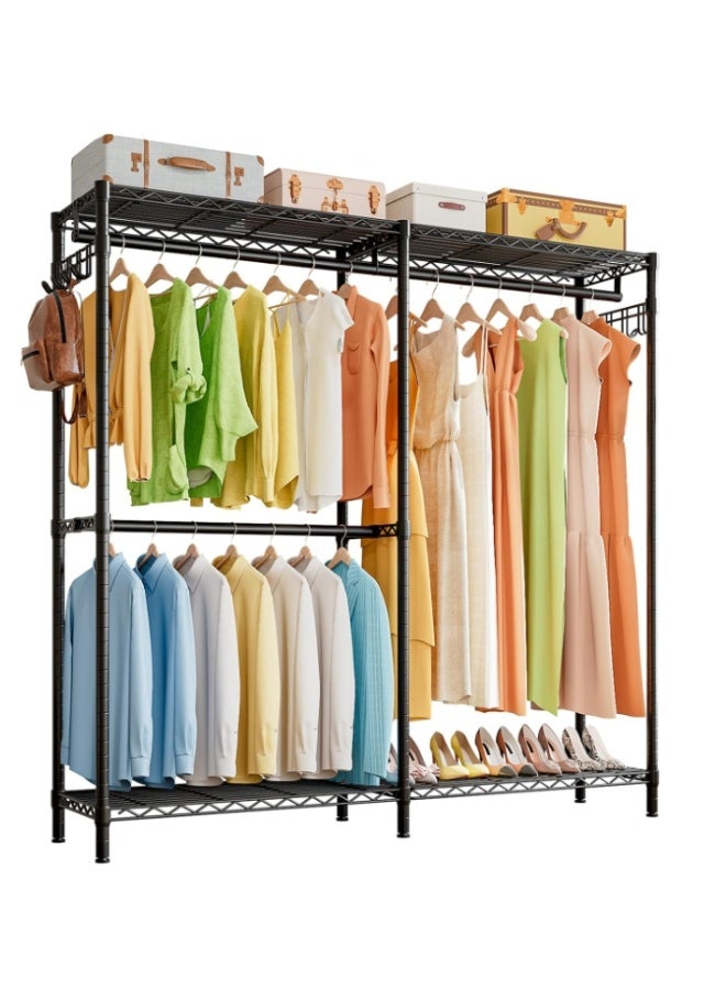 Forthcan Heavy-Duty Clothes Rack with 3 Rods and Adjustable Shelves, Freestanding Wardrobe for Bedroom, 145x40x193 cm, Black - Image 3