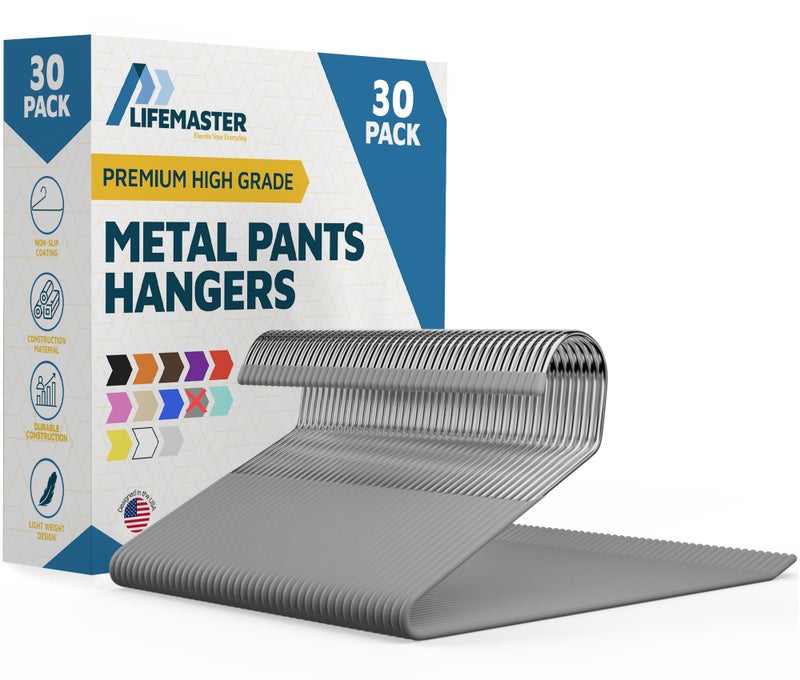 Lifemaster Metal Pants Hanger Set 30 Pieces Elegant NonSlip Closet Space Saving Hanger Set for Pants Trouser Blankets and Jeans with Open Ended Sleek Design Gray