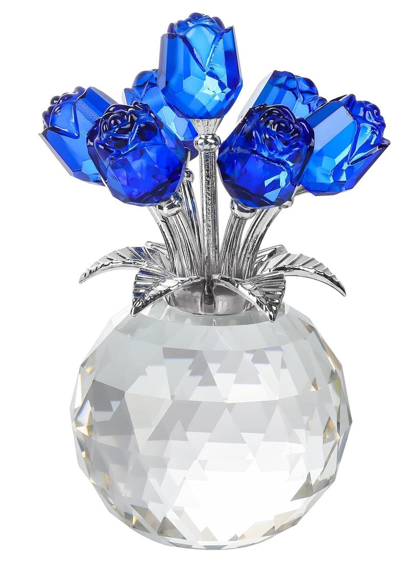 Excefore Crystal Blue Rose Flower Figurine, with Round Vase, Handmade Crystal Flower Figurine, Home Table Bouquet Flowers Decor Figurines - Image 1
