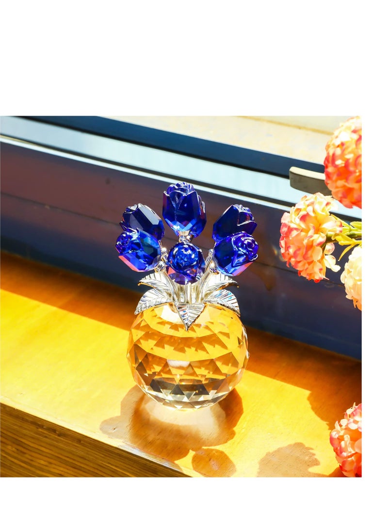 Excefore Crystal Blue Rose Flower Figurine, with Round Vase, Handmade Crystal Flower Figurine, Home Table Bouquet Flowers Decor Figurines - Image 5