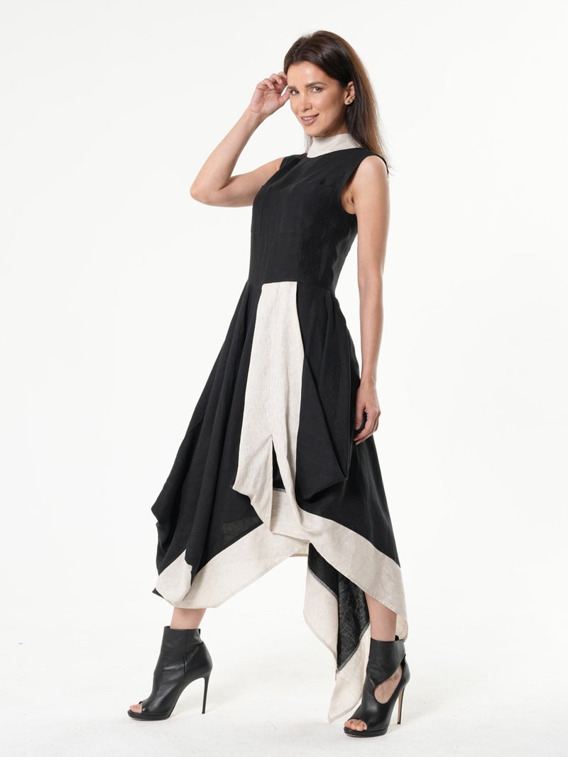 Metamorphoza Long Linen Dress In Black and Beige - Image 1