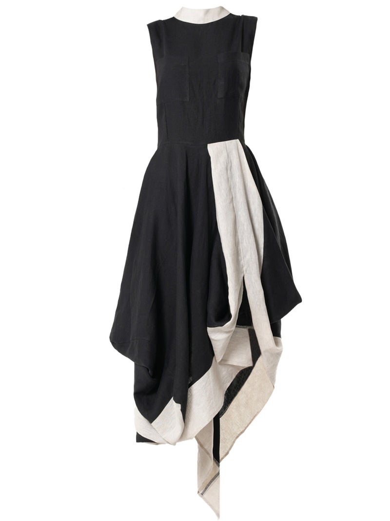 Metamorphoza Long Linen Dress In Black and Beige - Image 2
