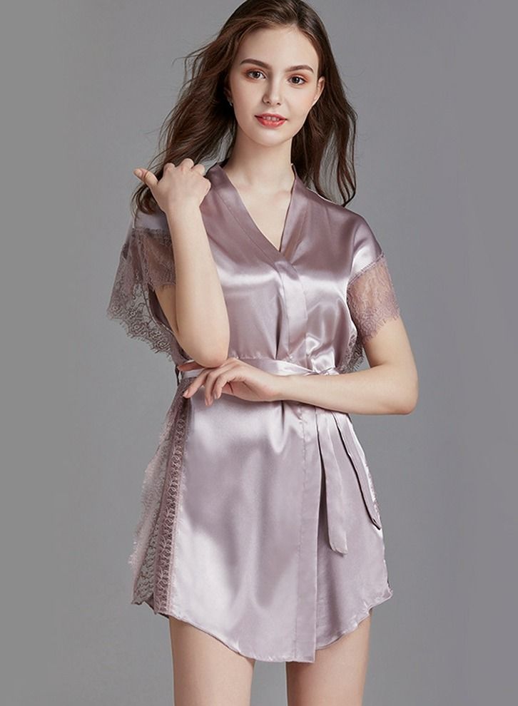 Loquat Women's Solid Color Lace Nightgown Soft Loungewear Sleepwear Dress Pale Pinkish Grey