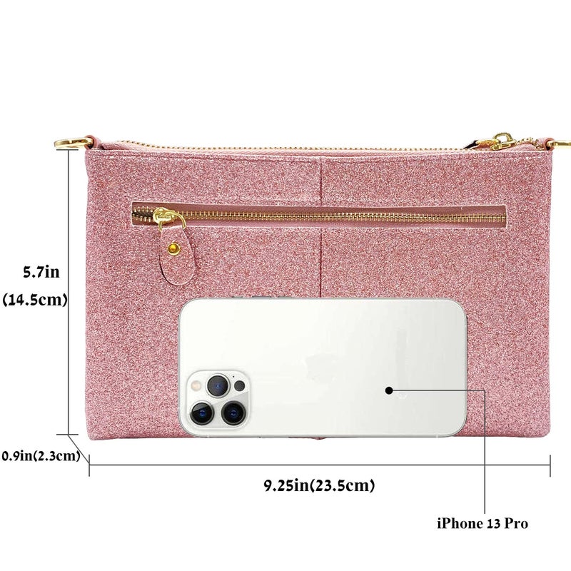 Beurlike Leather Wristlet Wallet Clutch Purses For Women Small Crossbody Phone Bags (Glitter Rosegold) - Image 3