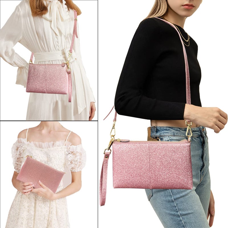 Beurlike Leather Wristlet Wallet Clutch Purses For Women Small Crossbody Phone Bags (Glitter Rosegold) - Image 2