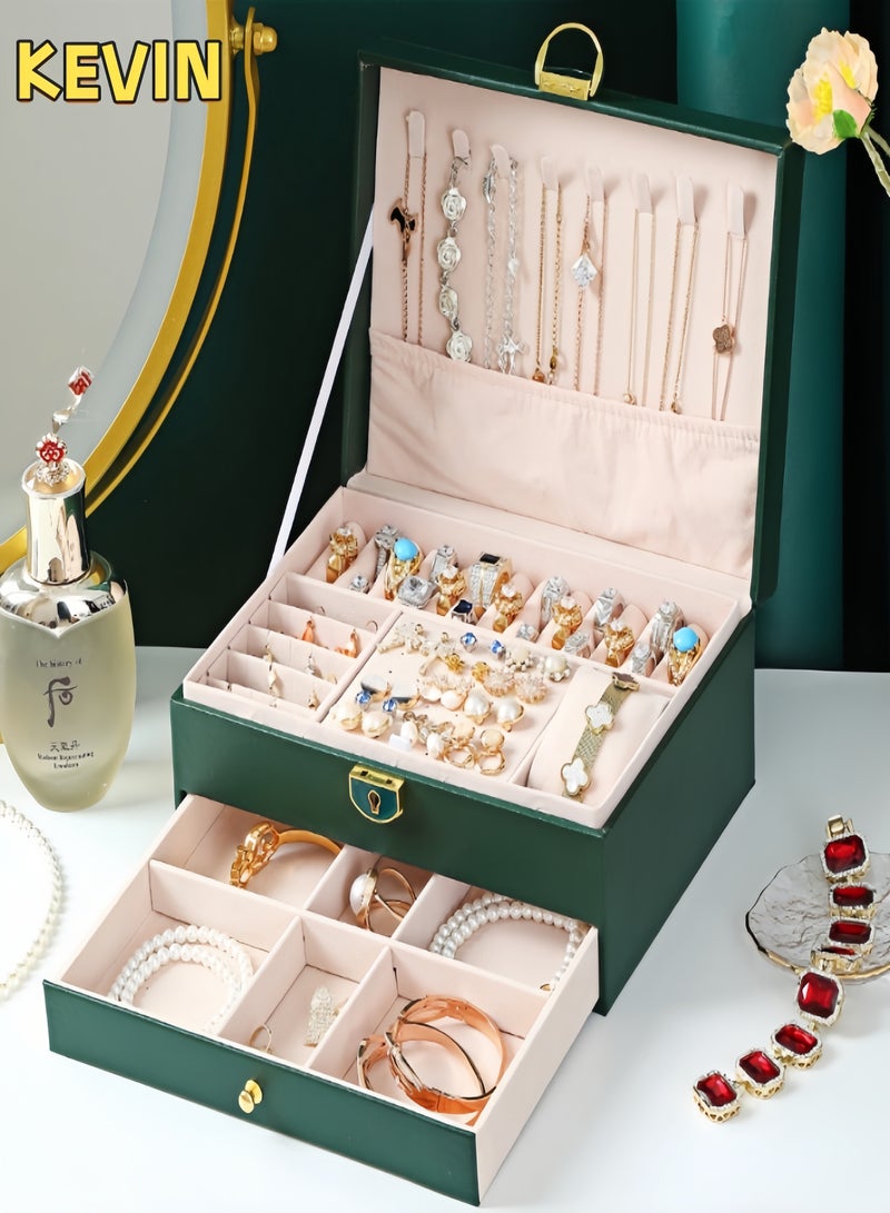كيفن منظم صندوق المجوهرات للنساء والفتيات، منظم مجوهرات من 3 طبقات مع قفل ودرج، حامل مجوهرات محمول علبة شبكية قابلة للإزالة لتخزين حلقات القرط والقلائد والأساور والنظارات الشمسية - Image 1