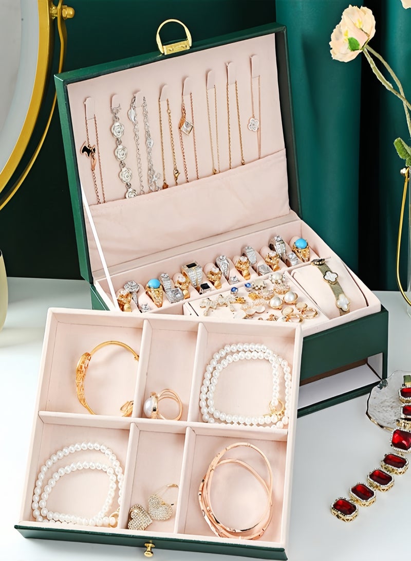 كيفن منظم صندوق المجوهرات للنساء والفتيات، منظم مجوهرات من 3 طبقات مع قفل ودرج، حامل مجوهرات محمول علبة شبكية قابلة للإزالة لتخزين حلقات القرط والقلائد والأساور والنظارات الشمسية - Image 2