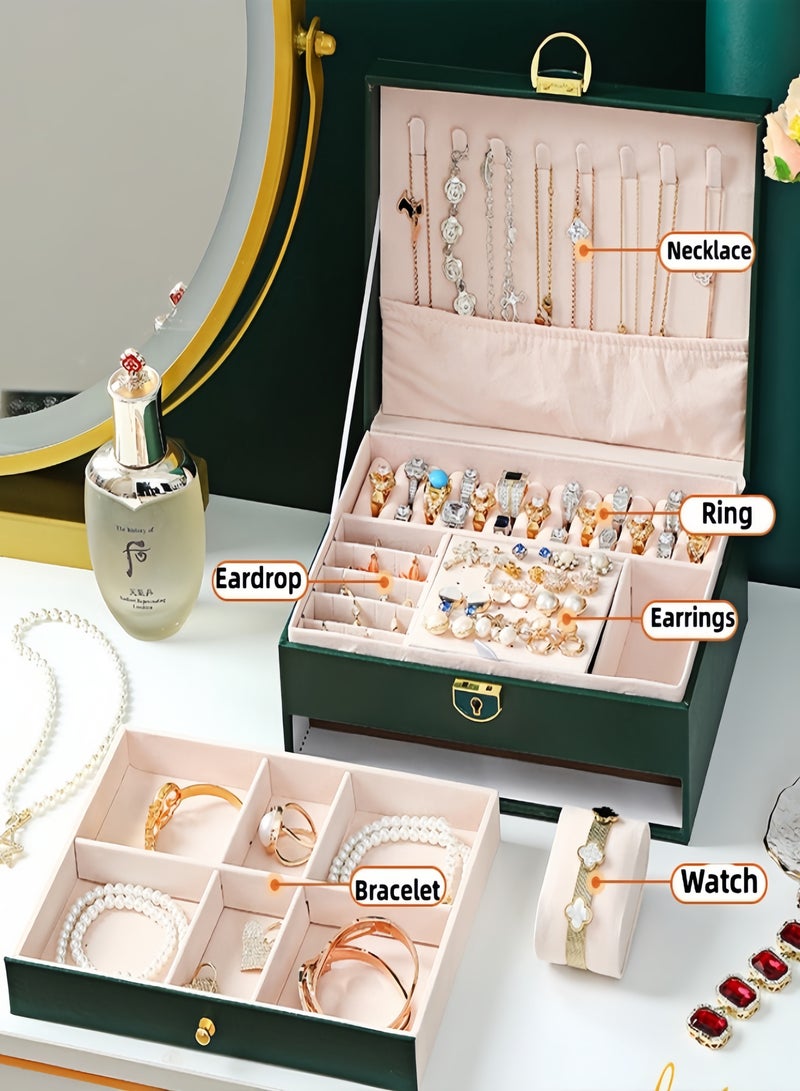 كيفن منظم صندوق المجوهرات للنساء والفتيات، منظم مجوهرات من 3 طبقات مع قفل ودرج، حامل مجوهرات محمول علبة شبكية قابلة للإزالة لتخزين حلقات القرط والقلائد والأساور والنظارات الشمسية - Image 3