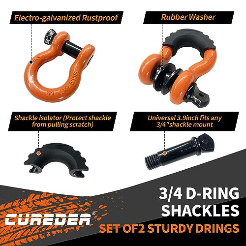 Cureder Tow Strap Recovery Kit - 3" x 20ft (35,121 lbs.) Rope + 3/4" D Ring Shackles (2pcs) + Storage Bag, Tree Saver Winch Strap, Truck, SUV, ATV Off Road Vehicle Towing Strap Kit - Image 2