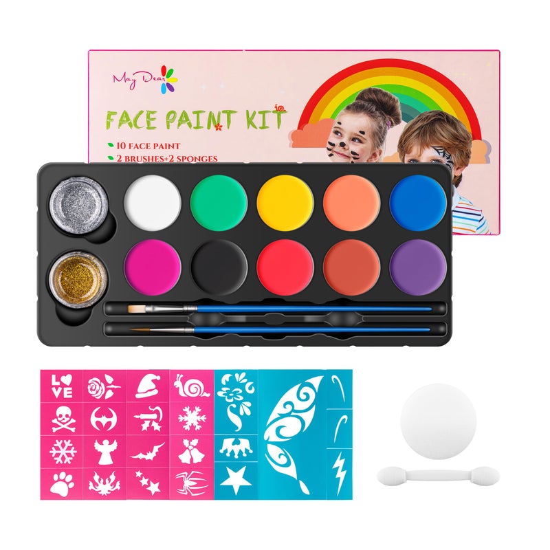 Maydear Face Painting Kit for Kids with 12 Colors Safe and Non-Toxic Large Water Based Face Body Paint, Professional Face Paint Kit - 10 Matte+2 Glitter - Image 1