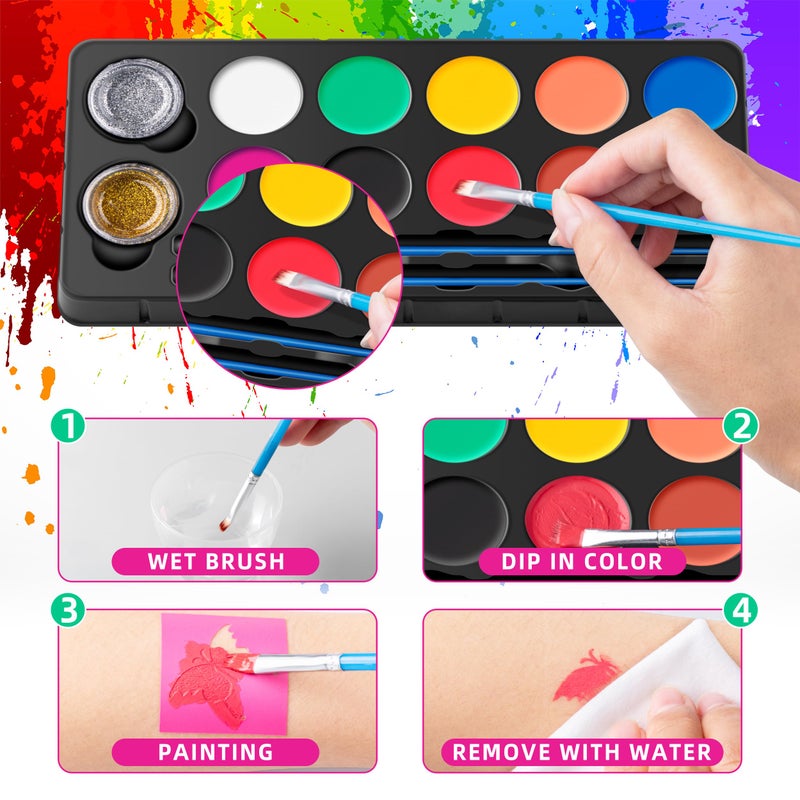 Maydear Face Painting Kit for Kids with 12 Colors Safe and Non-Toxic Large Water Based Face Body Paint, Professional Face Paint Kit - 10 Matte+2 Glitter - Image 4