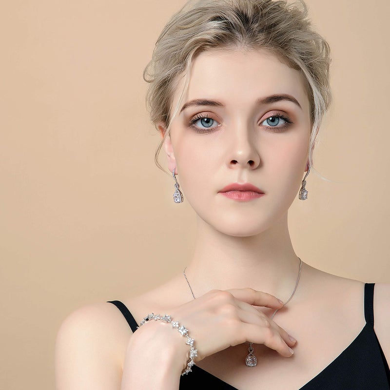 AMYJANE Crystal Jewelry Set for Women - Sterling Silver Square Cubic Zirconia CZ Bridal Pendant Necklace Earrings Set for Wedding Bride Bridesmaids Birthstone Infinity Jewelry Set - Image 2