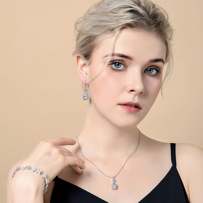 AMYJANE Crystal Jewelry Set for Women - Sterling Silver Square Cubic Zirconia CZ Bridal Pendant Necklace Earrings Set for Wedding Bride Bridesmaids Birthstone Infinity Jewelry Set - Image 3