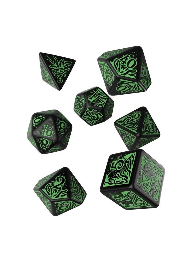 Q WORKSHOP Call Of Cthulhu black & green RPG Ornamented Dice Set 7 Polyhedral Pieces - Image 1