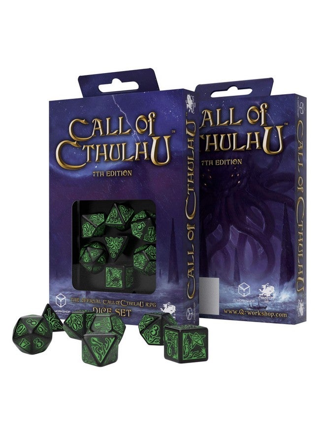 Q WORKSHOP Call Of Cthulhu black & green RPG Ornamented Dice Set 7 Polyhedral Pieces - Image 2