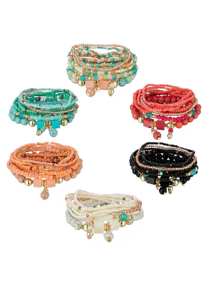 KASTWAVE Layered Crystal Bracelet Bohemian Bracelet Sets for Women Stackable Bead Bracelets for Women Temperament Layered Bead String Elastic Bracelet 6 Pcs Creative Turquoise Beads - Image 1