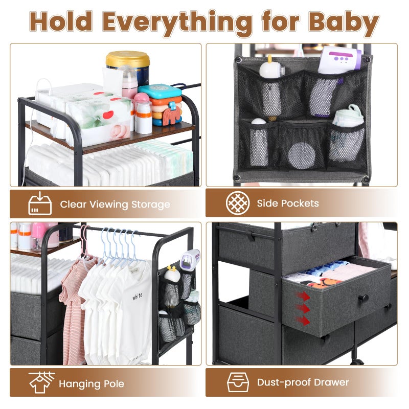 Orzbow Baby Diaper Caddy Cart Organizer and Storage | 4 Tier Baby Rolling Cart with Dividers and Drawers, Metal Rolling Utility Cart for Nursery, Bedroom, Changing Table & Crib, Easy to Assemble, Grey - Image 2