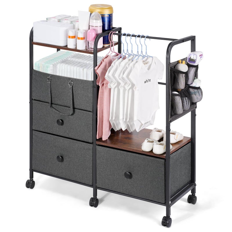 Orzbow Baby Diaper Caddy Cart Organizer and Storage | 4 Tier Baby Rolling Cart with Dividers and Drawers, Metal Rolling Utility Cart for Nursery, Bedroom, Changing Table & Crib, Easy to Assemble, Grey - Image 1