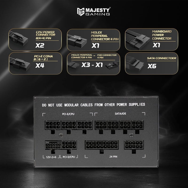 Majesty 850W Gold Power Supply Supports RTX 50 Fully Modular Low Noise - ATX 3.1 & PCIe 5.1 Compatible - 105° Japanese Capacitors - 80+GOLD Efficiency - Standby Support - 10 Year Warranty - Image 5
