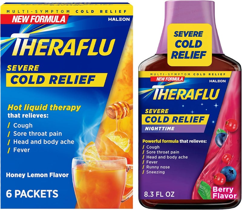 Theraflu Combo Nighttime Severe Cold Relief Syrup Berry Flavor 83 fl oz  Theraflu Daytime Severe Cold Relief Powder Honey Lemon Flavor 6 Ct - Image 1