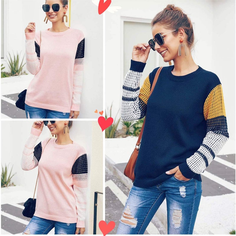 koitmy Women's Cute Contrast Sleeve Knitted Pullover Sweater Navy - Image 2