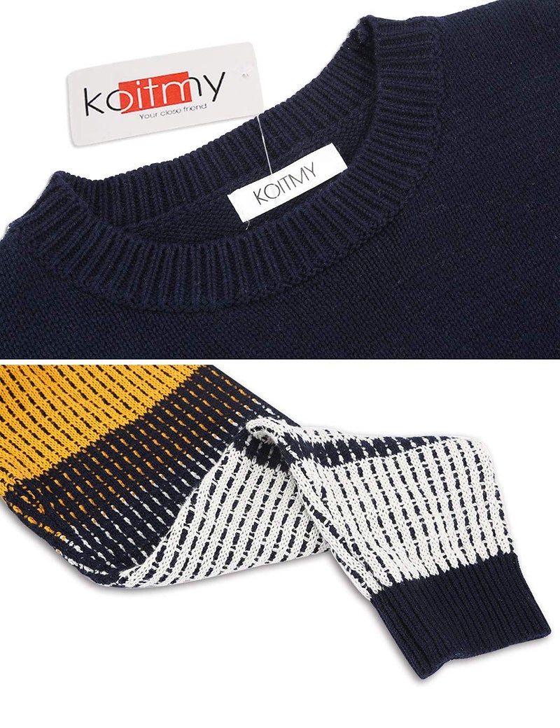 koitmy Women's Cute Contrast Sleeve Knitted Pullover Sweater Navy - Image 4