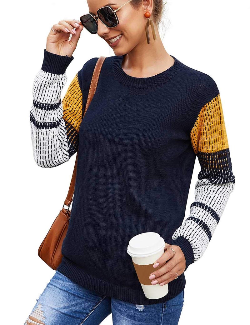 koitmy Women's Cute Contrast Sleeve Knitted Pullover Sweater Navy - Image 1