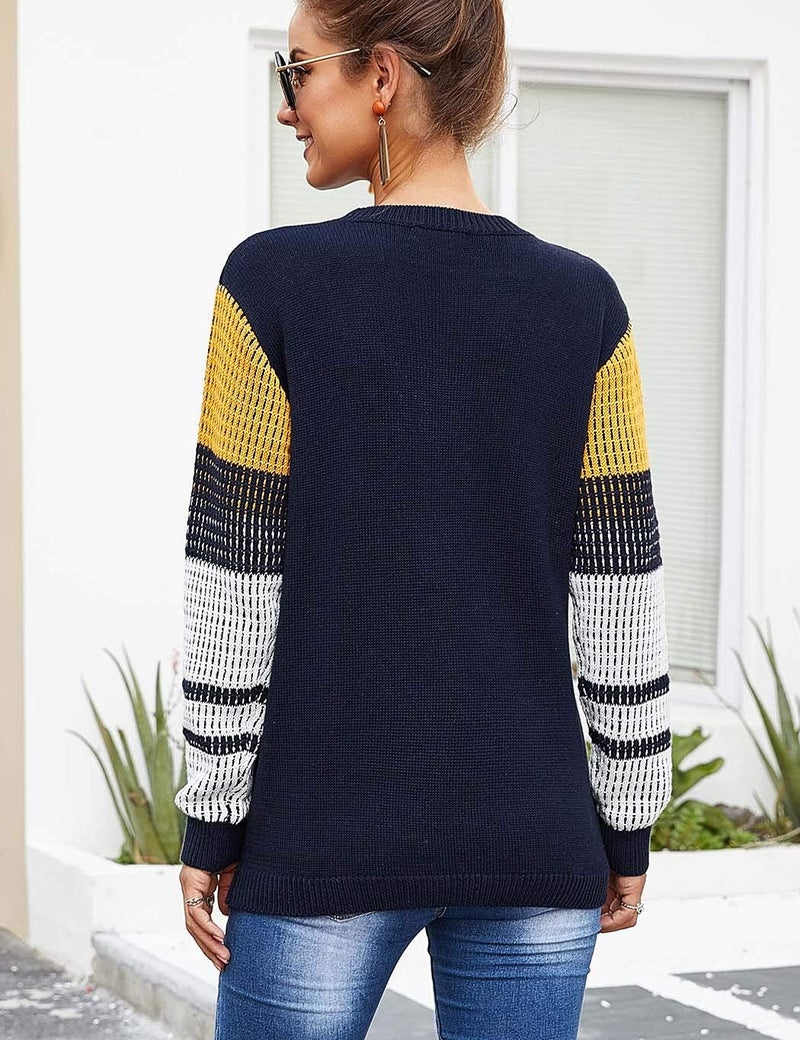 koitmy Women's Cute Contrast Sleeve Knitted Pullover Sweater Navy - Image 3