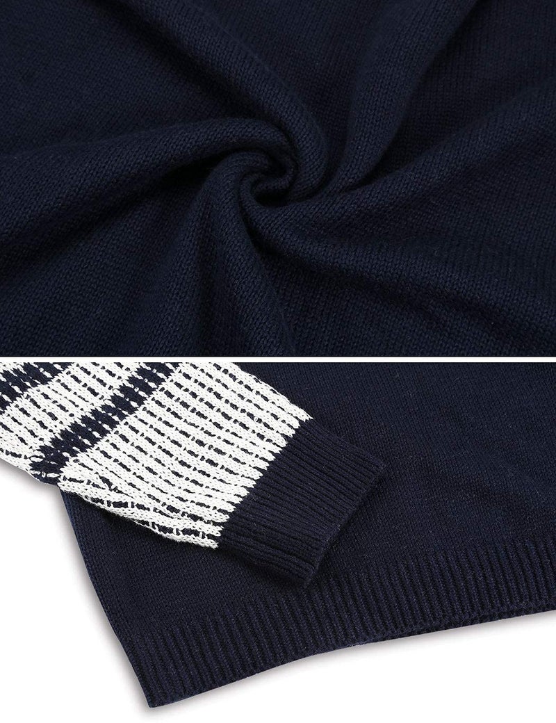 koitmy Women's Cute Contrast Sleeve Knitted Pullover Sweater Navy - Image 5