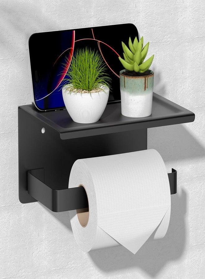 HITSLAM Toilet Paper Holder with Phone Shelf Matte Black, Adhesive or Screw Wall Mount Toilet Paper Roll Holder, Rustproof Stainless Steel Toilet Tissue Holder for Bathroom, Kitchen - Image 1