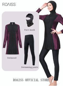 roaiss 3-Piece Women Conservative Printing Swimsuit Set Muslim Sun Protection Swimwear Swimming Trousers Cap Ladies Beachwear Skirt Bikini Dress Arab Clothing Dark Red  - Image 4