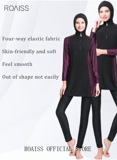 roaiss 3-Piece Women Conservative Printing Swimsuit Set Muslim Sun Protection Swimwear Swimming Trousers Cap Ladies Beachwear Skirt Bikini Dress Arab Clothing Dark Red  - Image 5
