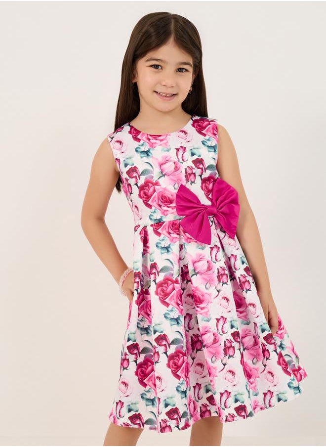 Styli All-Over Floral Print Sleeveless Dress with Bow Detail  - Image 1