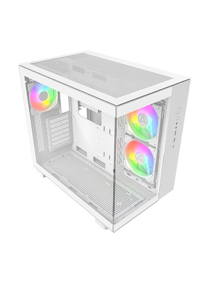 King 65 PRO ATX Mid Tower Gaming PC Case - White, Dual Chamber Design, High Airflow Mesh Panels, Supports RTX 40 Series, 3 Pre-Installed ARGB PWM Fans, Tool-Free Access, USB Type-C, 7 PCIe Slots, Up to 420mm GPU and 175mm CPU Cooler Support, Radiator Support up to 360mm, Maximum Storage of 2 HDDs + 5 SSDs, Bottom Dust Filter, and Excellent Cooling Options. Ideal for Gamers and PC Builders Seeking Efficient Airflow and Spacious Compatibility