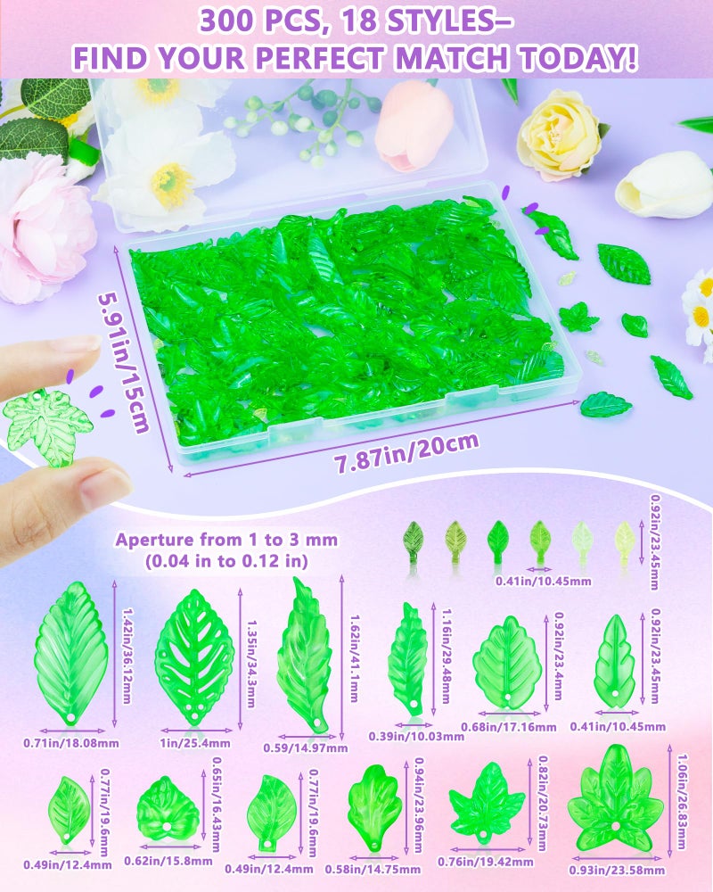 FIVEIZERO 300Pcs Acrylic Green Leaf Flower Beads for Jewelry Making, Transparent Maple Leaves Pendants Tiny Green Leaf Bead Caps for Beaded Plant Earrings Necklaces Bracelets DIY Crafts - Image 2
