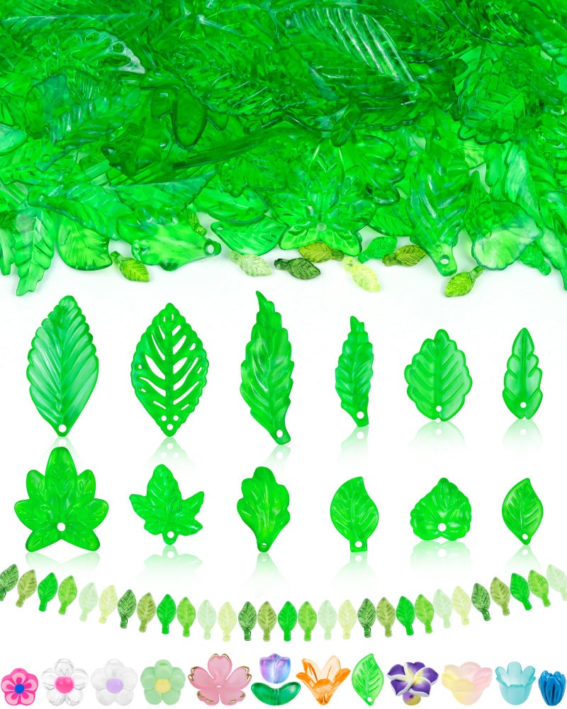 FIVEIZERO 300Pcs Acrylic Green Leaf Flower Beads for Jewelry Making, Transparent Maple Leaves Pendants Tiny Green Leaf Bead Caps for Beaded Plant Earrings Necklaces Bracelets DIY Crafts - Image 1