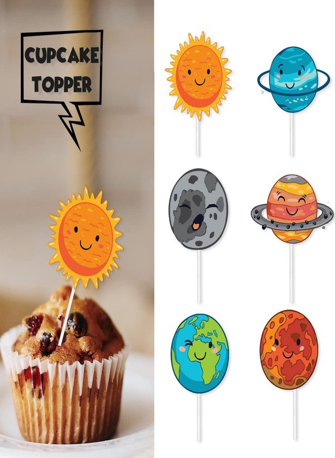 LETLIMIT 18pcs Glitter Celestial Dessert Cupcake Topper for Solar System Outer Space Universe Theme Decor Supplies Baby Shower Boy Girl Happy Birthday Party Decoration - Image 2
