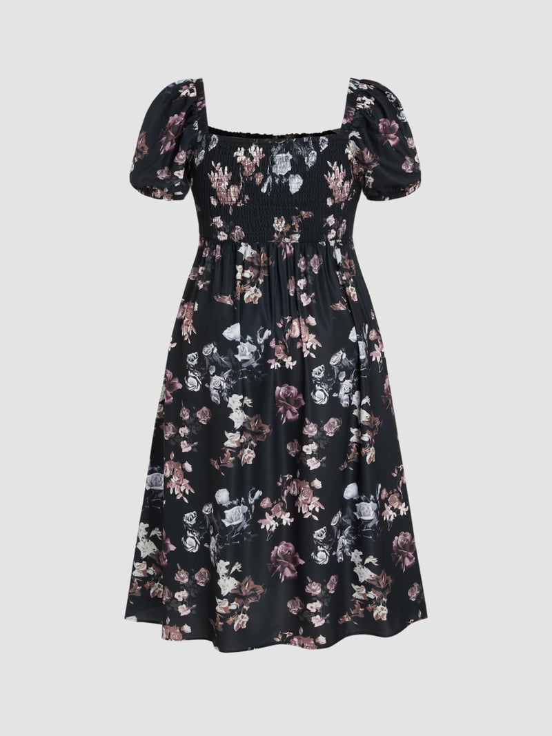 CIDER Women's Plus Size Dress Floral Fruit Square Neck Puff Sleeve Split Sun Dress Summer Midi Dresses Vacation Outfits Carbon - Image 5
