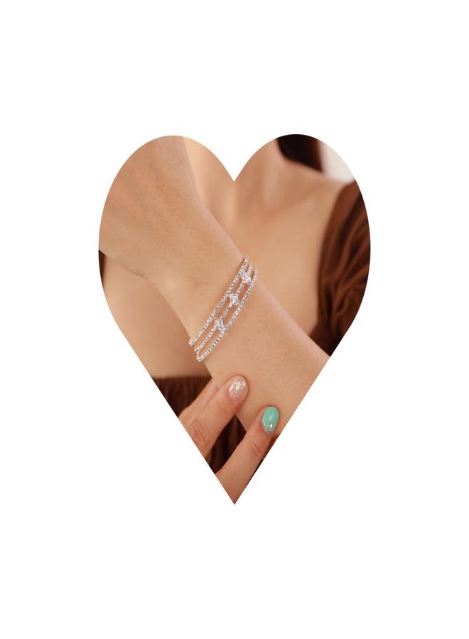 Chargances MultiLayer Crystal Rhinestone Cuff Bracelet Silver Sparkly Strand Layered Bridal Bracelet Jewelry for Women Wedding Party Prom (Silver) - Image 1