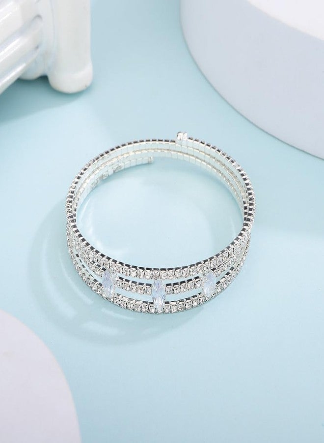 Chargances MultiLayer Crystal Rhinestone Cuff Bracelet Silver Sparkly Strand Layered Bridal Bracelet Jewelry for Women Wedding Party Prom (Silver) - Image 4