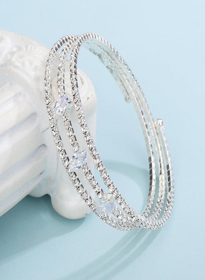 Chargances MultiLayer Crystal Rhinestone Cuff Bracelet Silver Sparkly Strand Layered Bridal Bracelet Jewelry for Women Wedding Party Prom (Silver) - Image 5