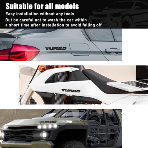 Dickno 2PCS Turbo Car Emblem Decal, 3D Metal Fender Logo Badge Sticker, Zinc Alloy Auto Front Hood Side Body Emblem Sticker, Universal Exterior Decor Car Accessories for SUV Truck (Black) - Image 4